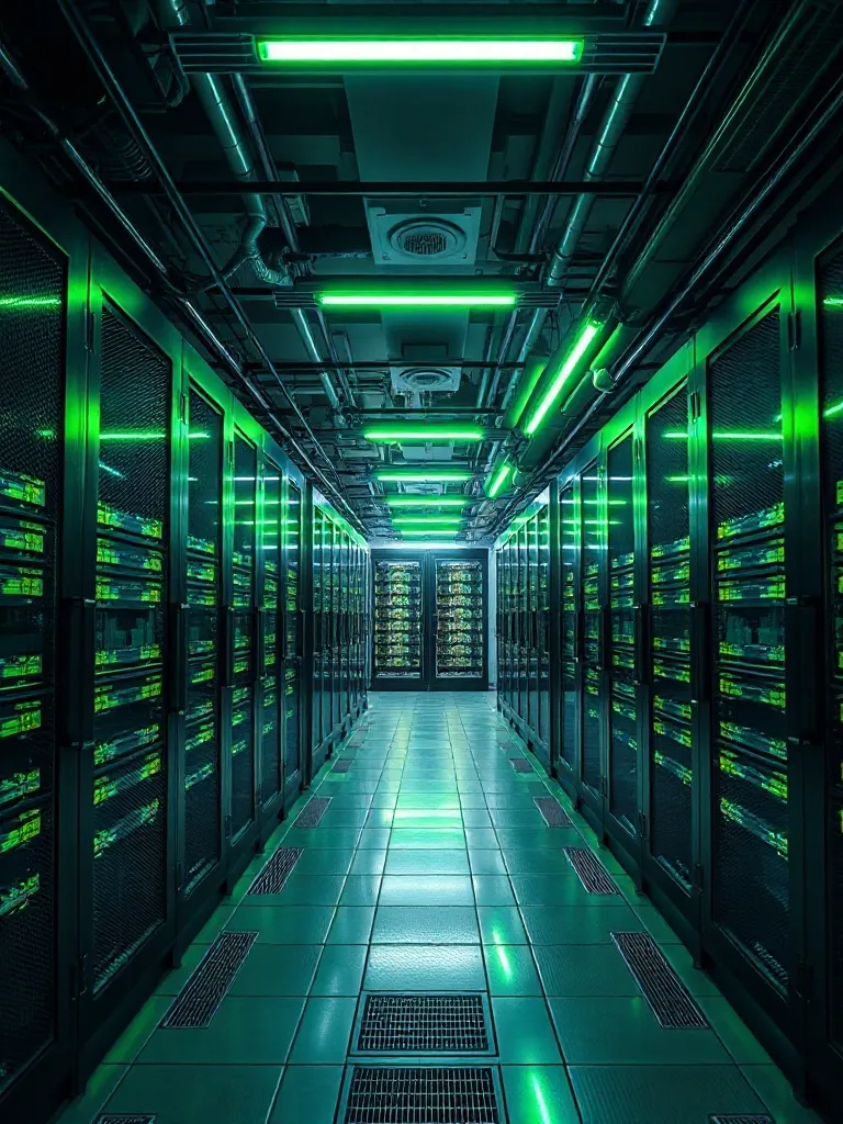 High-tech server room with green neon lights and industrial